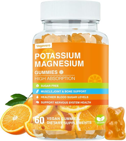 Potassium Magnesium Gummies - Magnesium Glycinate B6,D3 & Potassium Citrate for Leg Cramps,Muscle,Electroyte for Adults Kids,Sugar-Free - 60 Orange Gummies