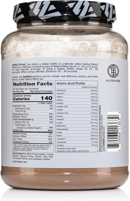 NAKED Chocolate Whey Isolate Protein - Only 6 Ingredients, 30g Grass-Fed Protein, Undenatured, No GMO, No Soy, Gluten-Free, No Preservatives - 24 Servings
