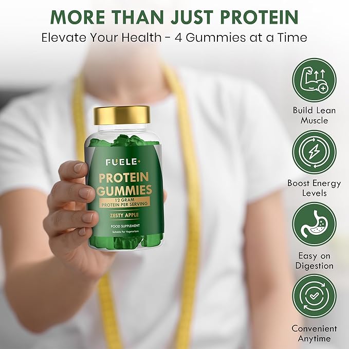 Protein Gummies – 12g High Protein Snack, Zesty Apple Flavor, No Added Sugar, Whey Protein Gummies, Supports Muscle Recovery, Post Workout Supplement (60 Gummies)