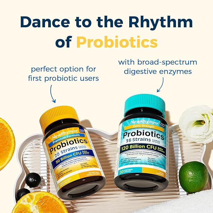 NewRhythm Probiotics 50 Billion CFU 20 Strains, 120 Veggie Capsules, Targeted Release Technology, Stomach Acid Resistant, No Need for Refrigeration, Non-GMO, No Gluten