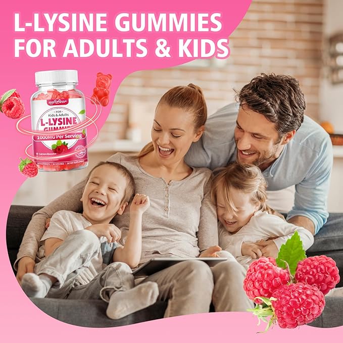 softbear L-Lysine Gummies for Adults & Kids, L Lysine 1000mg Chewable Lysine Supplement for Lips & Oral Health, Immune & Collagen Support, Vegan, Non GMO, Gluten-Free, Raspberry Flavor 120 Count