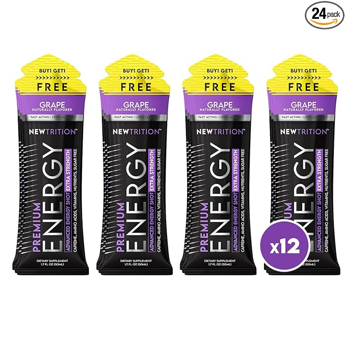 NewTrition® Extra Strength Energy Shots, 1.7 fl oz - 250mg Caffeine with Vitamin B & Amino Acids, Sugar-Free, Zero Calorie Vitamin Energy Drink for Focus & Endurance (Pack of 12, Grape)