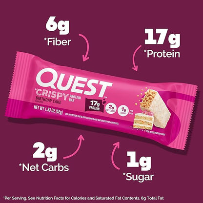 Quest Nutrition Crispy Birthday Cake Protein Bar, 17g Protein, 1g Sugar, 2g Net Carbs, Gluten Free Protein Snack, Keto Friendly, 4 Count