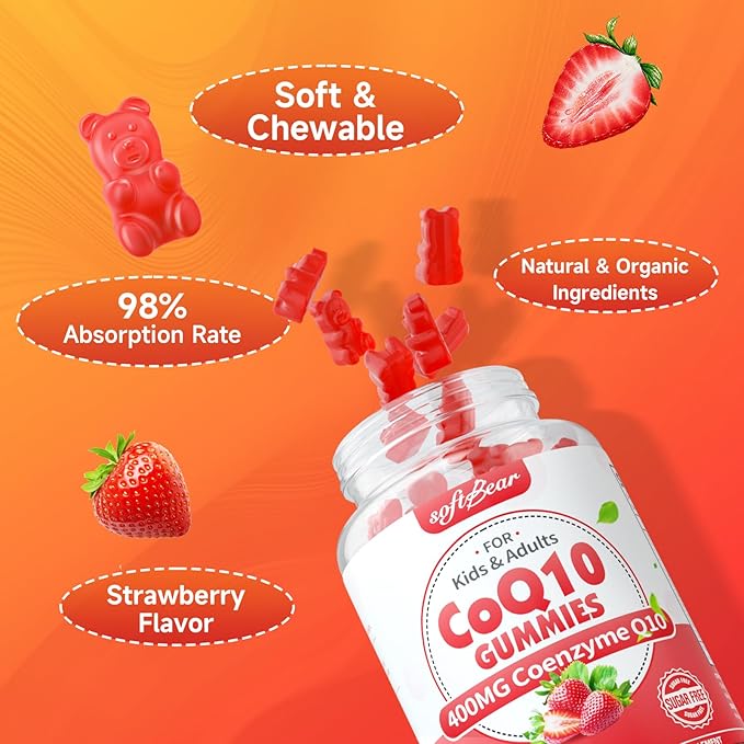 softbear CoQ10 Gummies 400mg Coenzyme Q10 Supplement for Adults, High Absorption coq10 Plus Omega-3, Magnesium, Vitamin B3 & Zinc for Cellular Energy & Antioxidant, Strawberry Flavor 120 Count