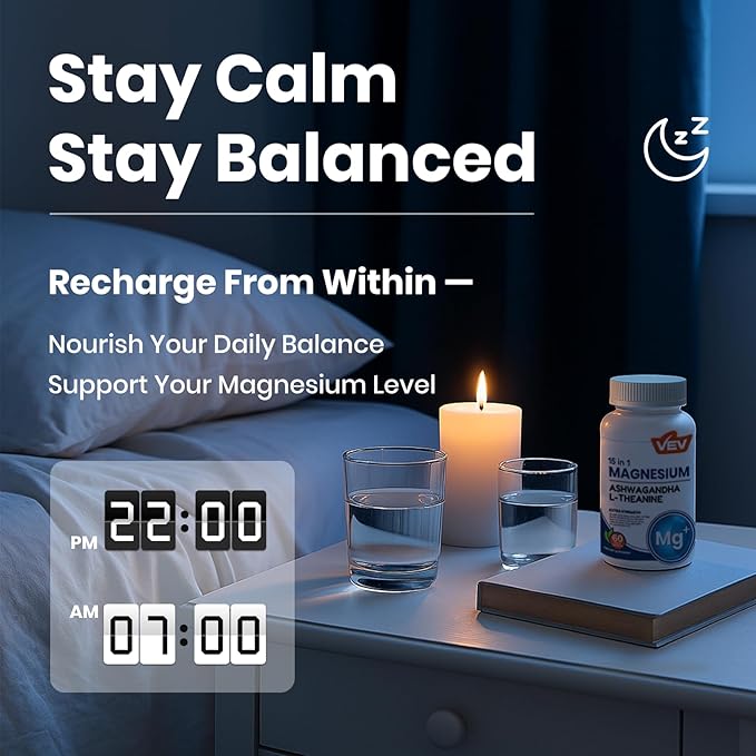 VEV Deep Calm 15 in 1 Magnesium Glycinate & Citrate Complex Capsules, Cortisol Supplements for Women – Easy to take Formula with Ashwagandha & L-Theanine, 60 Vegan Capsules