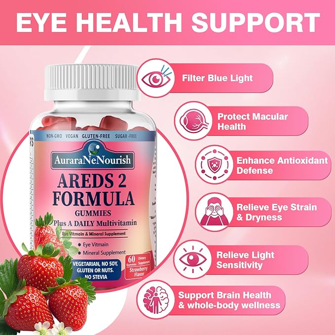 Areds 2 + Advanced Formula for MacularHealth, 22-in-1 Eye Vitamin & MineralSupplement w. Zeaxanthin, Zinc &Vitamin C Supports Eye Strain, Pressure,Night Vision, 60 Chewable Gummies