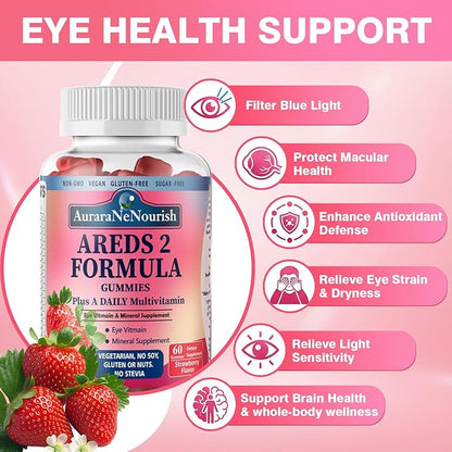 Areds 2 + Advanced Formula for MacularHealth, 22-in-1 Eye Vitamin & MineralSupplement w. Zeaxanthin, Zinc &Vitamin C Supports Eye Strain, Pressure,Night Vision, 60 Chewable Gummies