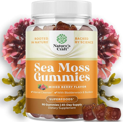 Natures Craft Irish Sea Moss Gummies for Women Men & Kids - Immune Support Supplement with Irish Sea Moss, Bladderwrack & Burdock Root - Detox Gummies for Body Cleanse - 90 Count