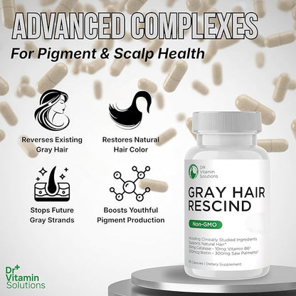 Gray Hair Rescind with Catalase - Antiaging Hair, Skin and Nails Vitamins, Pantothenic Acid, Folic Acid 400mcg, Biotin 300mcg, Saw Palmetto for Men and Women