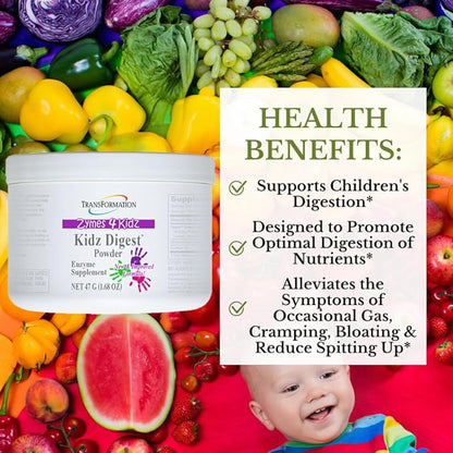 TRANSFORMATION THE GENESIS OF GOOD HEALTH Enzymes Digest Powder, Natural Digestive Support for Kids, Supports Healthy Digestion & Alleviate The Symptoms of Gas, Cramping, Bloating, Easy to Mix, 47g