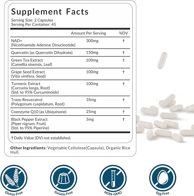 NAD+ Resveratrol Supplement with COQ10, Quercetin, Turmeric, NAD+ Supplement for Men and Women - Energy, Focus & Anti-Aging Support - Gluten Free, Non-GMO