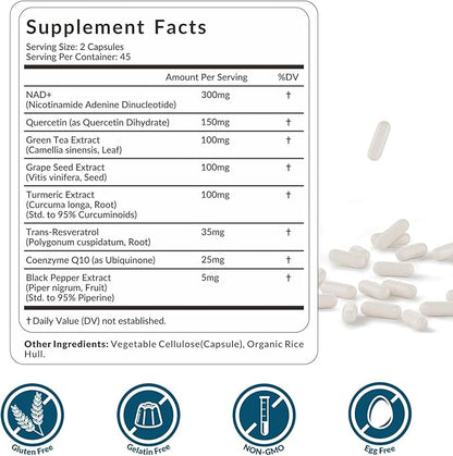 NAD+ Resveratrol Supplement with COQ10, Quercetin, Turmeric, NAD+ Supplement for Men and Women - Energy, Focus & Anti-Aging Support - Gluten Free, Non-GMO