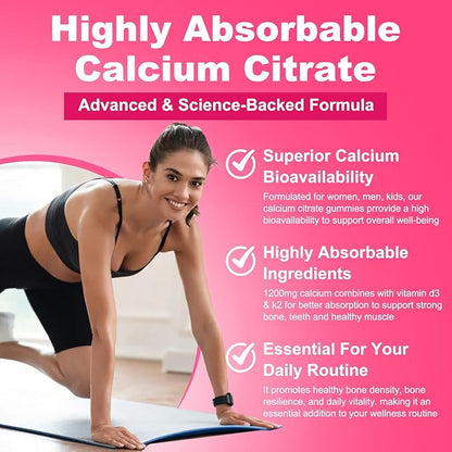 90 Count Calcium Citrate Gummies - Calcium Gummies with Magnesium & 4 Essential Vitamins Support Bone, Muscle, Teeth, Immunity, Calcium Supplements for Women & Men, Strawberry Flavor