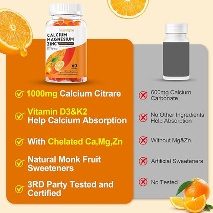 Calcium Magnesium Zinc Gummies for Adult: Organic 1000mg Calcium Citrate Magnesium Supplement with D3 K2 B6 B12 - Sugar Free High Absorption Supplement for Women Men (60 Count(Pack of 2))