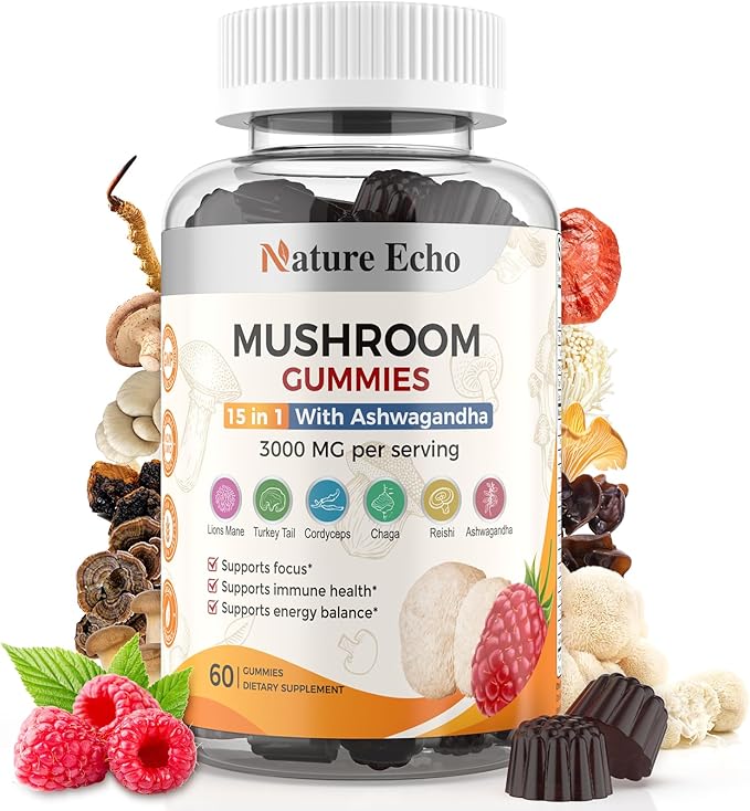 15 in 1 Mushroom Complex Gummies & Ashwagandha Gummies 3000 mg - Lions Mane, Reishi, Turkey Tail & More | Mushroom Supplement for Cognitive Function, Focus & Memory | Raspberry Gummies| Sugar-Free