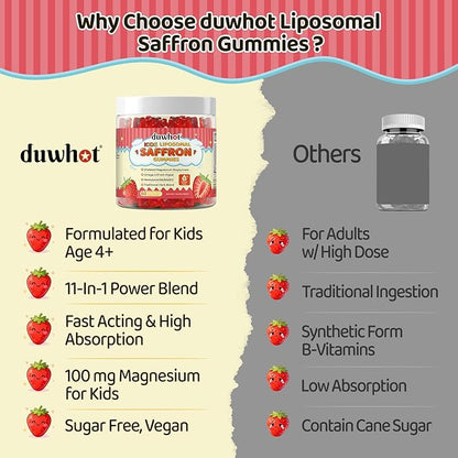 Liposomal Saffron Gummies for Kids 4+, Saffron Supplements w/Holy Basil, Rosemary, Magnesium Glycinate, Omega-3 & More, Brain Focus Support Supplement, Vegan, Organic, Sugar Free, 60 Chewables