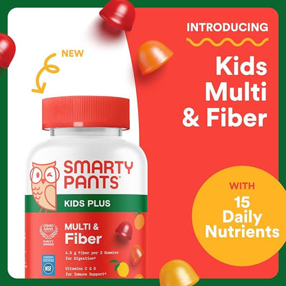 SmartyPants Kids Multivitamin & Fiber Gummies: Prebiotic Fiber to Support Kids Digestion with Vitamin D3, C, Vitamin B12, B6, A, Zinc, Biotin, Folate, Three Fruit Flavors, 120 Count (40 Day Supply)