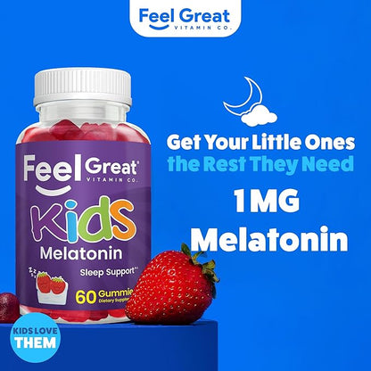 Feel Great Kids Melatonin Gummy | Strawberry Flavored Melatonin Gummies Kids | 1 MG of Melatonin Sleep Aid for Kids | Vegan Gummies | 60 Day Supply