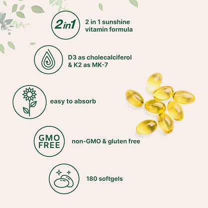Micro Ingredients Vitamin D3 5,000 IU + K2 MK-7 100 mcg, 180 Softgels | 2-in-1 Formula | Easy to Swallow, Non-GMO