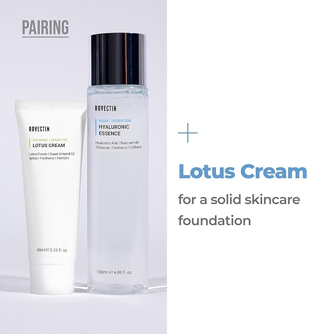 ROVECTIN 2-Step Hydrating & Calming Set – Aqua Hyaluronic Essence & Calming Lotus Cream with Niacinamide, Deep Moisturizing, Plumping, and Soothing Daily Routine, Vegan Korean Skincare Set