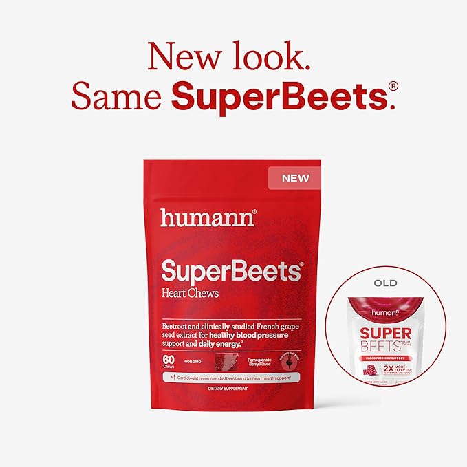 Humann SuperBeets Heart Chews, Beet Root Powder Support Energy Supplement, Nitric Oxide and Blood Pressure Support, Grape Seed Extract & Non-GMO, Heart Health, Pomegranate Berry Flavor, 180 Count