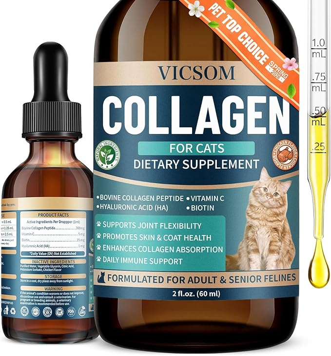 Liquid Collagen for Cats, Cat Collagen Drops with Bovine Collagens, Biotin & Vitamin C, Mobility & Flexibility, Itch Relief, Skin, Coat & Immunity Support, Cat Joint Supplement for Cats
