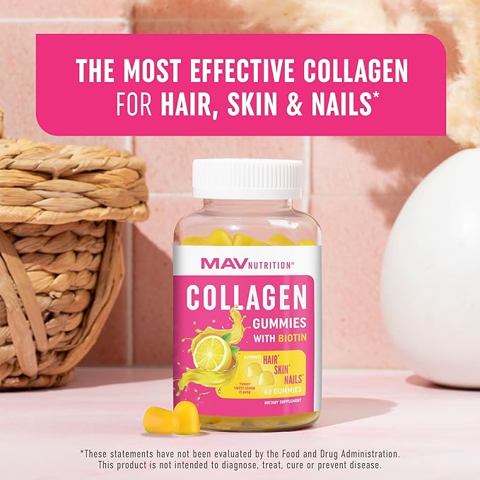 Collagen Gummies for Women | 200mg Hydrolyzed Collagen + 2500mcg Biotin, With Vitamin C, E & Zinc | Anti Aging, Hair Growth, Skin, Strong Nails | Non-GMO Gummy Vitamin Supplements | 60 Count