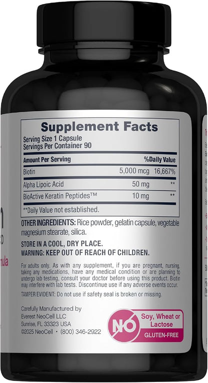 NeoCell Biotin Complex Hair, Skin & Nails | 90 Capsules | with BioActive Keratin Peptides and Alpha Lipoic Acid | Radiance-Infused Formula
