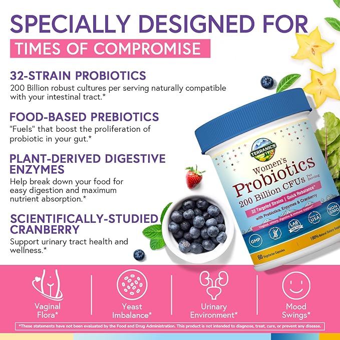 Terranics Daily Probiotics for Women, 200 Billion 32 Strains Womens Probiotics, with Cranberry, Prebiotics & Enzymes, Rebalance Vaginal Flora & pH, Delayed Release, Shelf Stable, 60 Vegan Caps