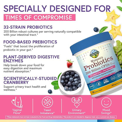 Terranics Daily Probiotics for Women, 200 Billion 32 Strains Womens Probiotics, with Cranberry, Prebiotics & Enzymes, Rebalance Vaginal Flora & pH, Delayed Release, Shelf Stable, 60 Vegan Caps