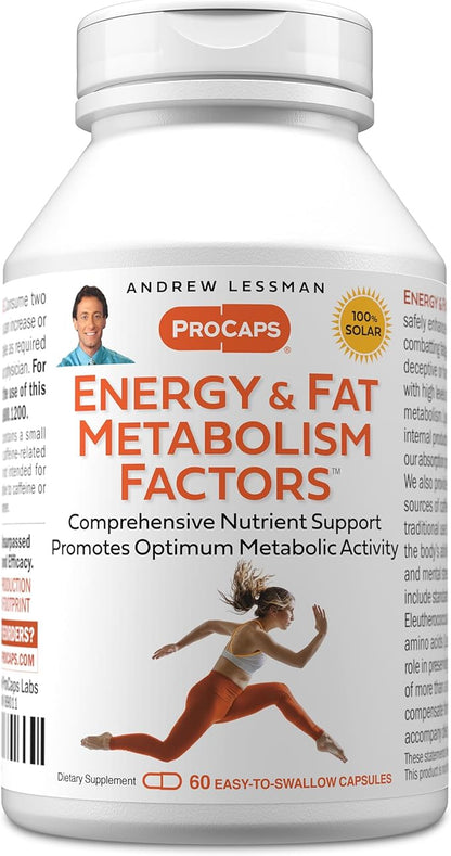 ANDREW LESSMAN Energy and Fat Metabolism Factors 60 Capsules - Promotes Optimum Fat Burning and Energy Metabolism, with Carnitine, Green Tea, Guarana, Ginseng, B-Complex. Easy to Swallow Capsules