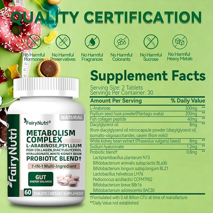 L-Arabinose 7-in-1 Metabolism Supplement | White Kidney Bean Extract, Collagen & Probiotics | Carb Block, Gut Balance & Skin Glow Support | cGMP & NSF - 60 Tablets