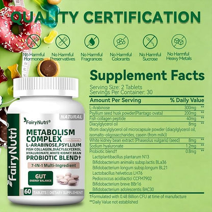 L-Arabinose 7-in-1 Metabolism Supplement | White Kidney Bean Extract, Collagen & Probiotics | Carb Block, Gut Balance & Skin Glow Support | cGMP & NSF - 60 Tablets