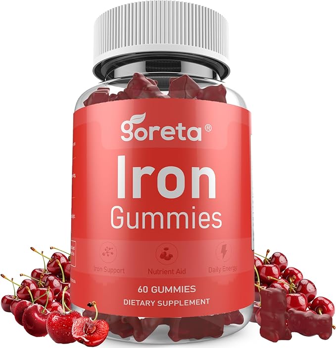 Iron Gummies for Women & Men, Gentle Iron Bisglycinate 25mg with Vitamin C, B12 & Folic Acid, Pectin-Based, Cherry Flavor, 60 Count (30 Servings)