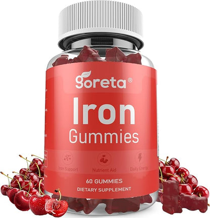 Iron Gummies for Women & Men, Gentle Iron Bisglycinate 25mg with Vitamin C, B12 & Folic Acid, Pectin-Based, Cherry Flavor, 60 Count (30 Servings)