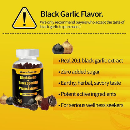 Black Garlic Black Seed Oil Gummies,with Honey Vitamin C Plums Extract,Overall Health,Non-GMO & Vegan,Black Garlic Flavored