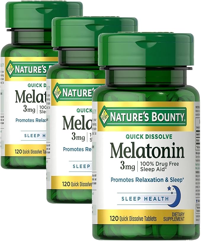 Nature's Bounty Melatonin, Promotes Relaxation & Sleep, 100% Drug Free Sleep Aid, 3 mg, 120 Quick Dissolve Tablets (Pack of 3)