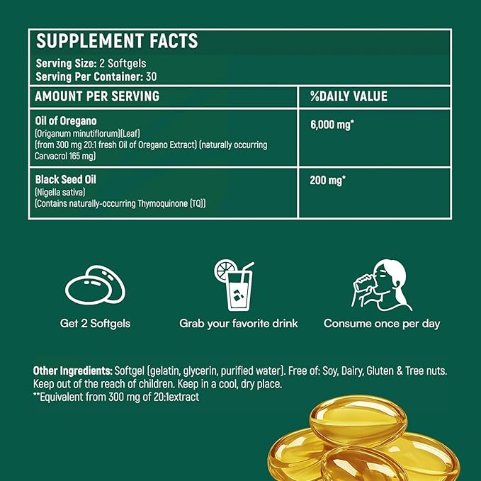 Softgels with Black Seed Oil 6000mg – Organic Oregano Oil Capsules for Immune & Digestive Support – Non-GMO, Gluten-Free Softgels - 120 Count (Pack of 2)