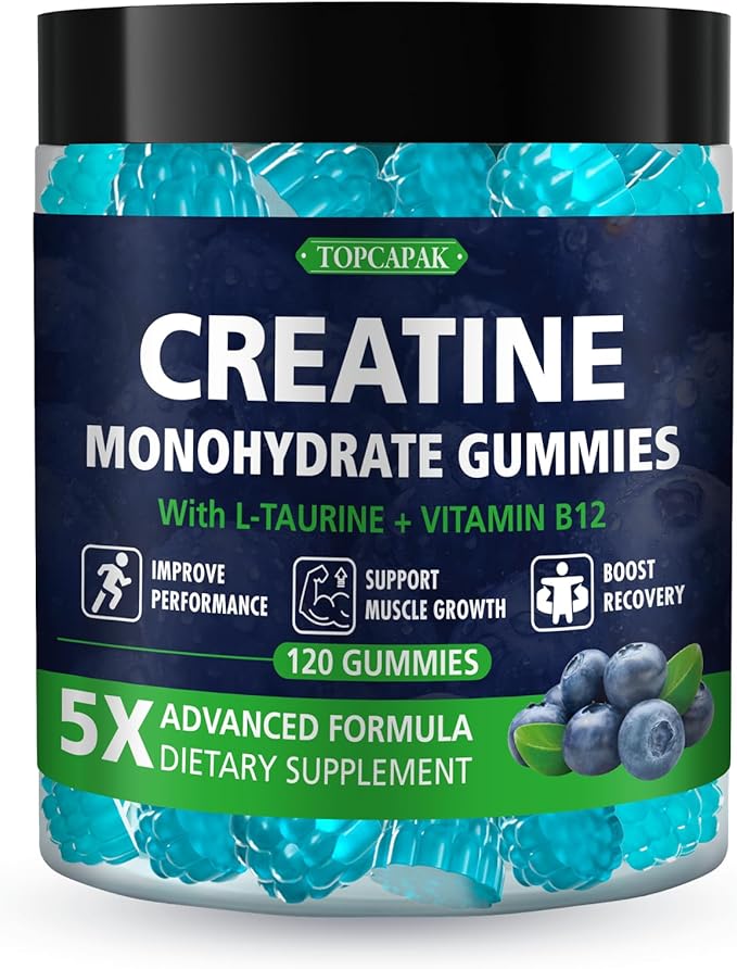 Creatine Gummies for Women & Men, Creatine Monohydrate Gummies Supplement, Pre-Workout Support, with Taurine & Vitamin B12, Blueberry Flavor Chewable Creatine Gummy, 120 Count