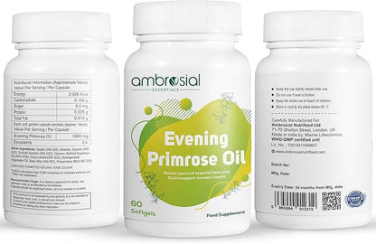 AMBROSIAL Evening Primrose Oil (EPO) 1000mg | 60 Capsules | Rich Source of Omega 6 & GLA | Non-GMO, Gluten Free | No Artificial Preservatives (Pack of 2-120 Capsules)