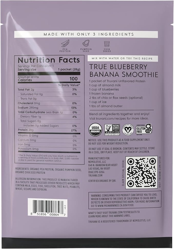 Truvani Vegan Pea Protein Powder | Unflavored | 20g Organic Plant Based Protein | 1 Serving | Keto | Gluten & Dairy Free | Low Carb | No Added Sugar