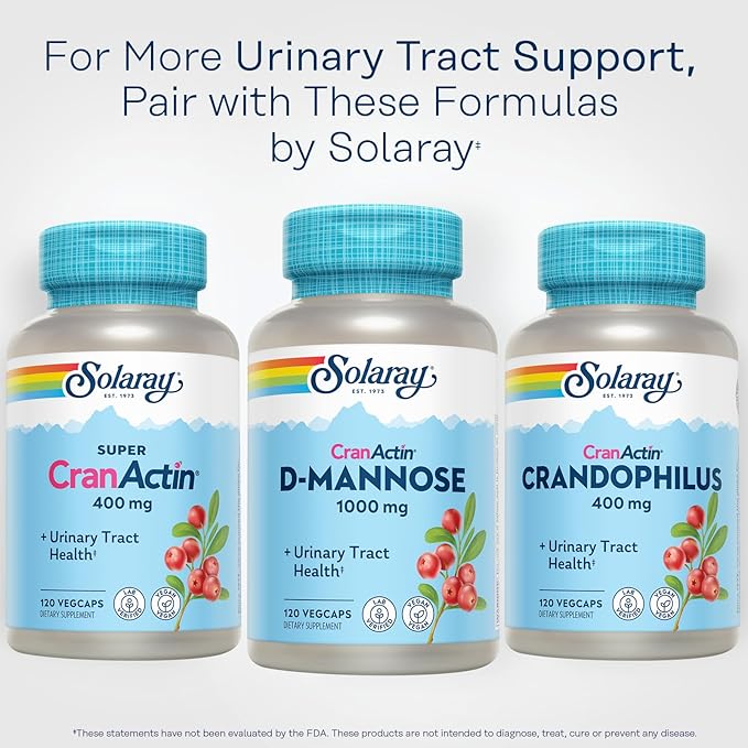 SOLARAY D-Mannose 1000mg with CranActin Cranberry Supplement 400mg, Urinary Tract Health & Bladder Support Capsules with Vitamin C, Vegan, 60 Day Guarantee, 60 Servings, 120 VegCaps (120 CT)