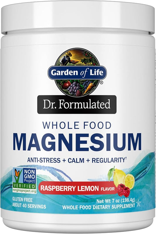 Garden of Life Dr. Formulated Whole Food Magnesium Powder with Probiotics – Stress & Sleep Support, Non-GMO, Gluten-Free, Vegan, Raspberry Lemon Flavor, 40 Servings