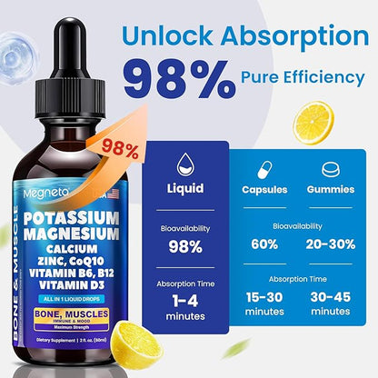 Potassium Magnesium Calcium Zinc Liquid Complex – Chelated Minerals with D3, B6, B12 & CoQ10 for Superior Absorption, Heart, Bone, Muscle, Sleep & Anti-Aging Support, 2 Fl Oz(60ml)