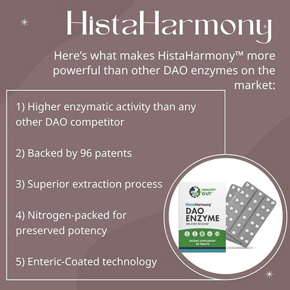 Healthy Gut HistaHarmony | Delayed Release DAO Enzyme Supplement | 30,000 HDU Diamine Oxidase Histamine Blocker | 60 Servings