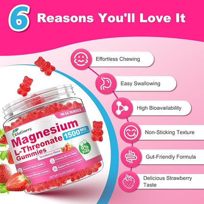 90 Count Magnesium L-Threonate Gummies, High Absorption Magnesium Threonate Supplement for Adults & Kids, Support Brain Health, Memory, Focus, Restful zzZ & Muscle, Sugar Free, Vegan, Non-GMO