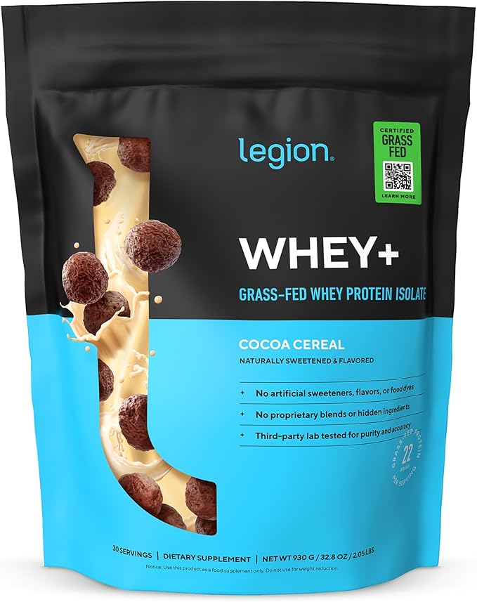LEGION Whey+ Protein Whey Isolate from Grass Fed Cows (Cocoa Cereal, 30 Servings) - Whey Protein Isolate Powder Low Calorie, Non-GMO, Sugar Free, Lactose and Gluten Free, All Natural Protein Powder