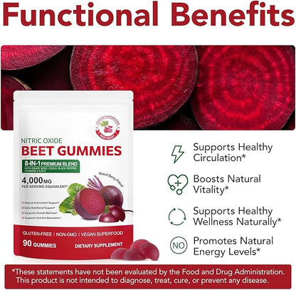 Beets Gummies, Blood Pressure Support, 90 Beet Chews Liposomal Beet Powder for Superior Absorption, Grape Seed for Nitric Oxide, Circulation & Heart Health, Vegan, Non-GMO