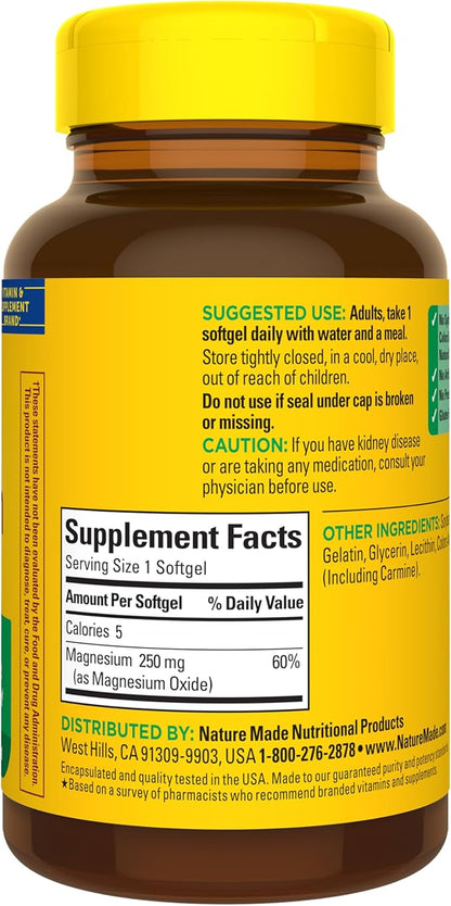 Nature Made Magnesium 250 mg, Magnesium Supplements for Men and Women, Support for Muscle, Heart, Bone and Nerve Health, 90 Softgels, 90 Day Supply