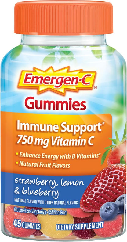 Emergen-C 750mg Vitamin C Gummies for Adults, Immune Support Gummies, Gluten Free, Strawberry, Lemon and Blueberry Flavors, Back to School Essentials - 45 Count